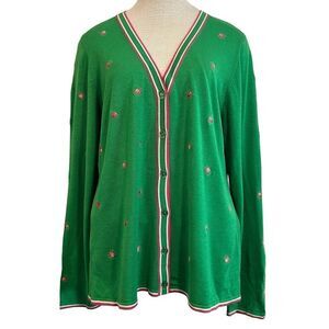 Quaker Factory silk bright green v neck bumblebee cardigan with pink detail med